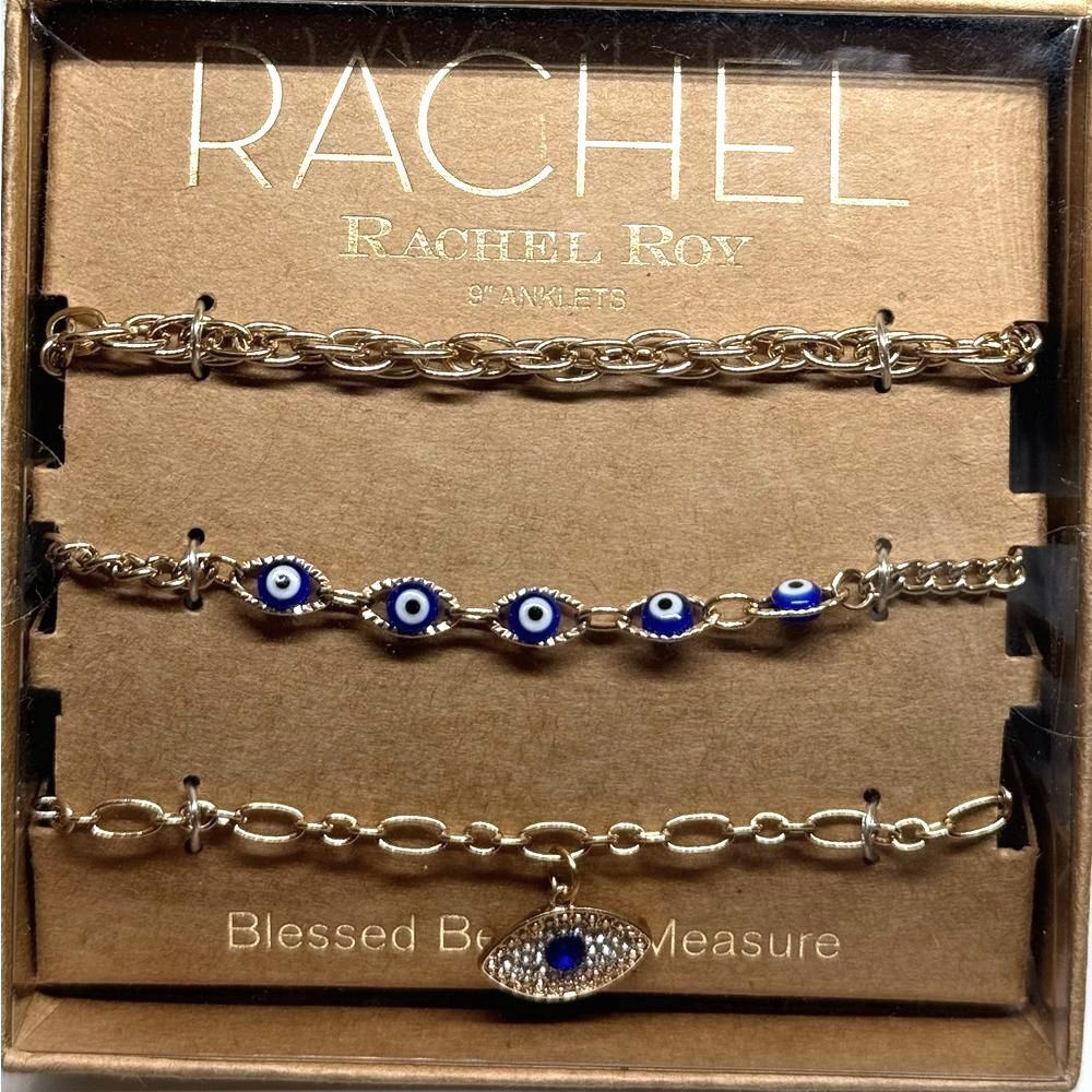 Rachel Roy Box Set of 3 Gold Tone 9In Anklets Evil Eye Bead Chain NIB